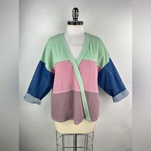 💚 3020. Color Blocked V-Neck Ribbed Denim Contrast Top